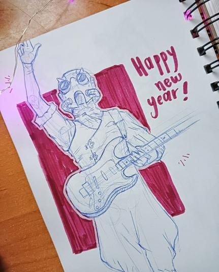 Sodo from Ghost. His mask and outfit look like they draw inspiration from steampunk. His mask has round goggles, two small horns above them and two flexible tubes that go from his cheeks to the back of the helmet. He's wearing a vest and a shirt with its sleeves rolled underneath and trousers that are wider on the upper side. His guitar is hold by its strap but he's also placed one hand on the guitar neck. He's raising two fingers up with his other hand.
There's a red square behind the sketch and the words "Happy new year!" written besides it.