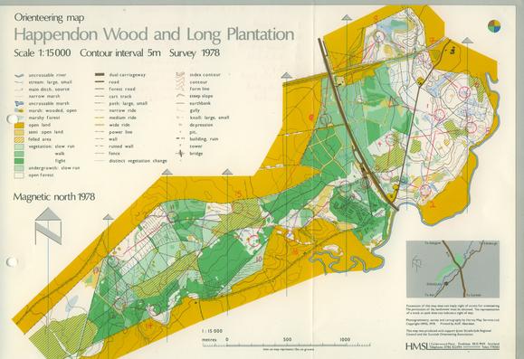 5 colour scribed orienteering map 1:15,000. Rather green