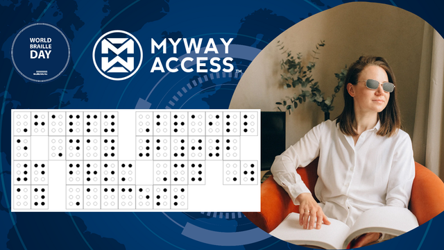 Blue background

A woman in a picture, wearing shades and reading Braille in a book.

World Braille Day logo and My Way Access logo across the open.

An image of braille text, made up of a series of blocks with dots on it. It spells out in braille – “Happy World Braille Day 2024 from My Way Access”