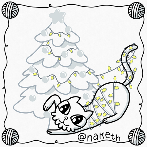 Katze spielt mit der Kugel am Weihnachtsbaum und ist dabei schon komplett in die Girlande eingewickelt.