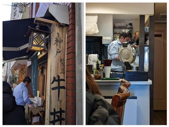 2 pics - one of a person outside the store putting a sign on a table (sold out for the day)  and asking some people in line to go in & the same person in the restaurant at the back in a small kitchen next to a rice cooker with open lid