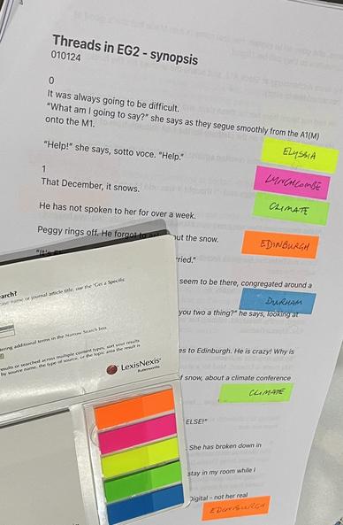 A4 page from printer with selected sentences from the novel I am writing to give me an overview of the whole thing. Some sentences are marked with day glow stickies - yellow pink orange green blue - to highlight major threads of the story; with the pack of stickies in bottom left corner of the picture