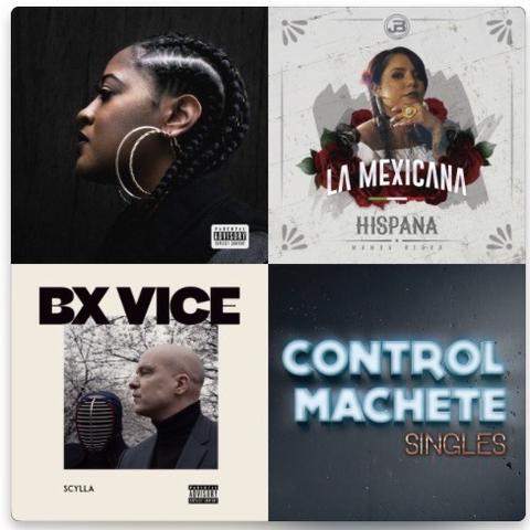 Collage of four music album covers featuring portrait images of the respective artists and album titles.