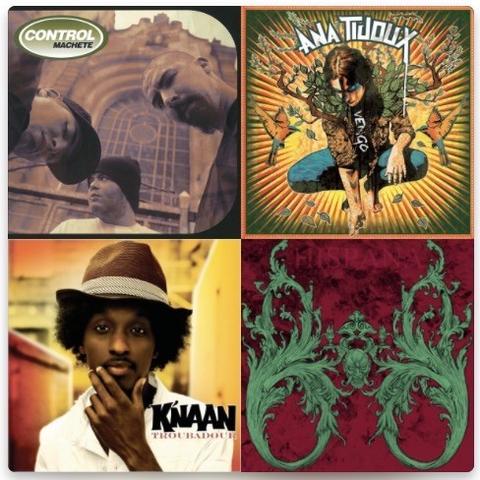 Collage of four album covers: top left shows members of Control Machete with an architectural background; top right features Ana Tijoux with illustrative design; bottom left displays K'NAAN with a hand on his chin; bottom right presents a