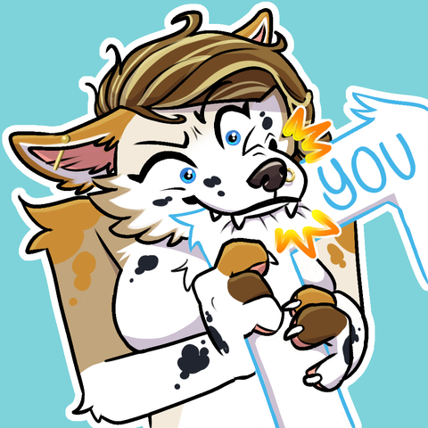 A cute stylized anthro fox girl bits a ych's arm with an expression that reads as "head empty only bites"