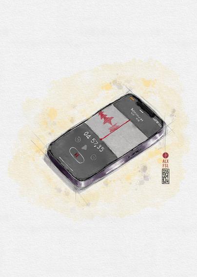 Watercolour drawing of an iPhone with the voice over app recording an interview.