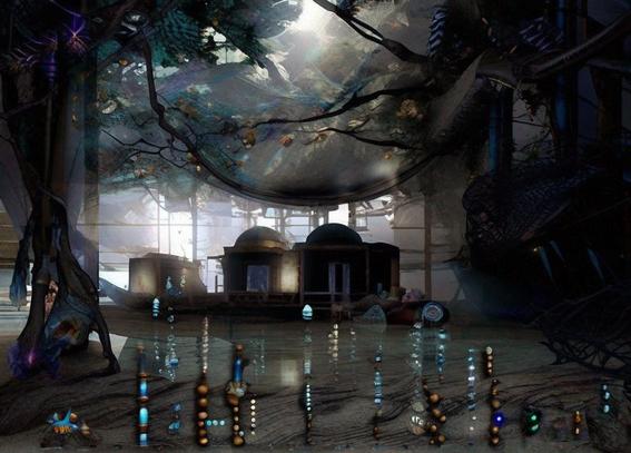 Alien hatchery with translucent canopy and colorful gestational orbs on an exoplanet.