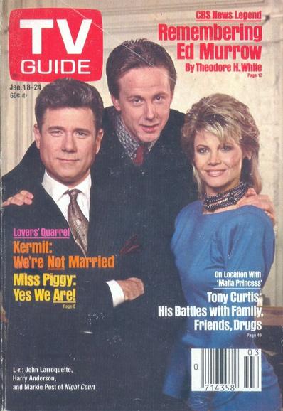 John Larroquette, Harry Anderson, and Markie Post of NBC's Night Court.