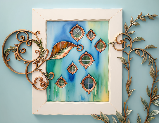 Copper vines emerging into reality from a watercolor painting of copper objects anchored by a large leaf.