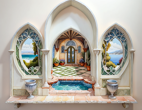 Arched window in a wall with stone sill, enclosing alcove entryway into a fantasy landscape.