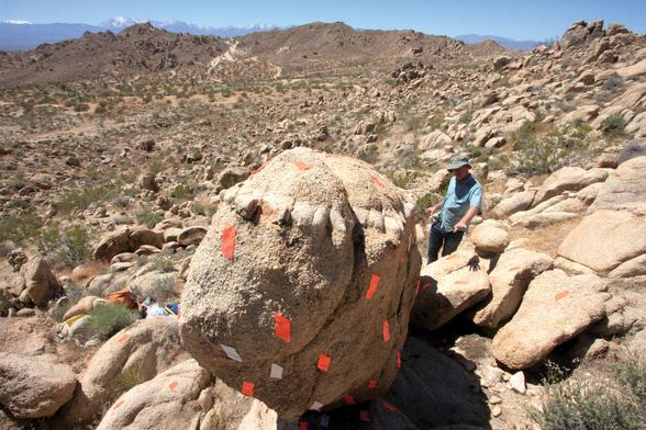 photo - scanning marks - precariously balanced rocks (PBRs) at Lovejoy Buttes, Mojave, CA