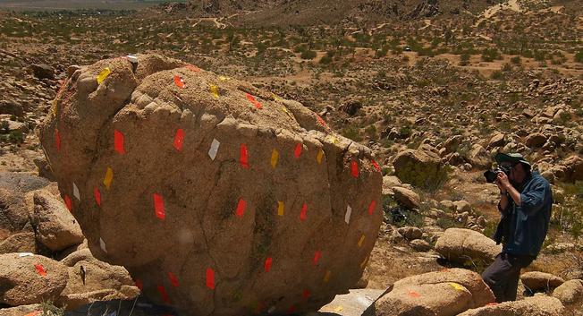 photo - scanning marks - precariously balanced rocks (PBRs) at Lovejoy Buttes, Mojave, CA