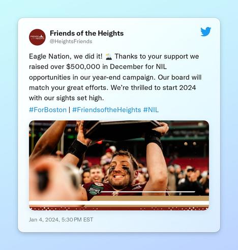 Eagle Nation, we did it! 🦅 Thanks to your support we raised over $500,000 in December for NIL opportunities in our year-end campaign. Our board will match your great efforts. We’re thrilled to start 2024 with our sights set high.

#ForBoston | #FriendsoftheHeights #NIL https://t.co/ey7K6vydqT