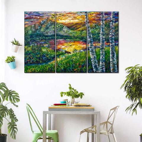 Colorado beauty is a source of endless inspiration for art, capturing the breathtaking landscapes and natural wonders of our state. Sleeping Meadow - Colorado Moose Crossing  
landscape painting captures the serene beauty of nature, with birch trees, a colorful body of water, and majestic mountains. The piece reflects my inspiration from the untouched wilderness and the tranquil atmosphere of the outdoors. I hope it brings a sense of peace and beauty to whoever views it. #Artwork #Nature #LandscapePainting”  "Birch Trees and Mountain Breezes" is a captivating and mesmerizing landscape painting that invites the viewer into a moment of serene beauty in nature. @ElephantStock @ElephantStock #olenaart