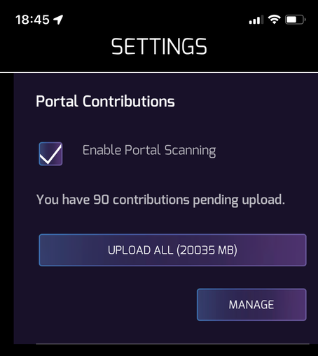 Ingress app settings page indicating that  I have 90 portal scans yet to be uploaded