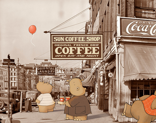 A hippo watching a red balloon sail away while another hippo picks up a coffee order and notices something suspicious…