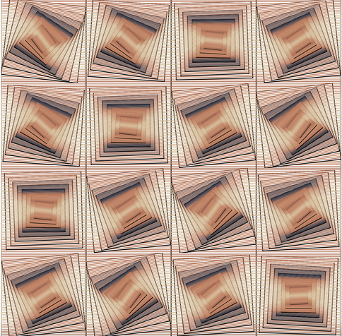 offset 4X4 grid of boxes in boxes, each box rotates and smaller. Each box divided vertically (though tipped) into a range of colors.