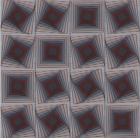 offset 4X4 grid of boxes in boxes, each box rotates and smaller. Each box divided vertically (though tipped) into a range of colors.
