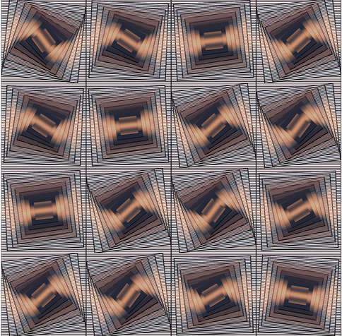 offset 4X4 grid of boxes in boxes, each box rotates and smaller. Each box divided vertically (though tipped) into a range of colors.