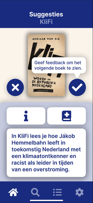 Main screen: one book with summary as suggestion with cross and checkmark buttons.