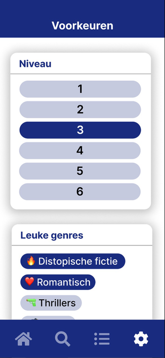 Settings: change genre preferences and your reading level