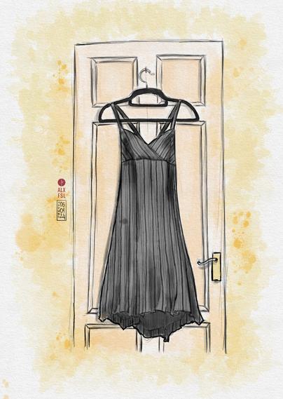 digital watercolour drawing of a black dress hanging on a door