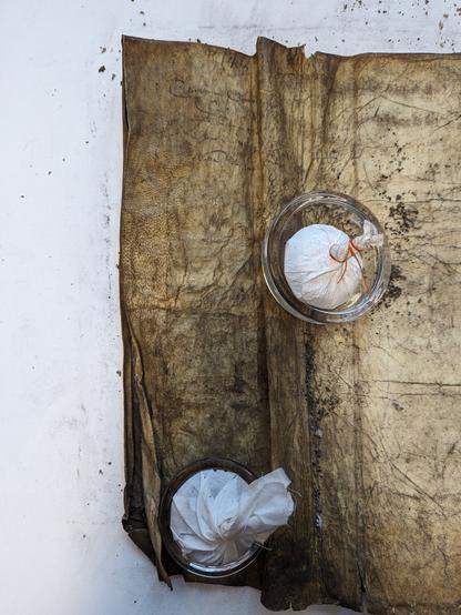 Back of a piece of beige parchment with engrained dirt after removal of surface dirt. Iron gall ink annotation more visible in upper left corner.

Glass weights positioned at the centre and bottom of item.