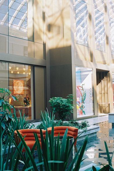 The Hermés store shot from the atrium of the American Dream mall before it opens. There are live plants, seats, and water features in the foreground. There is a single worker in the store.