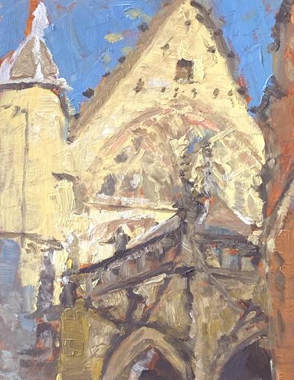 A bright depiction of a church facade in sunlight. The saturated colors and rough brushstrokes make it very impressionistic maybe.