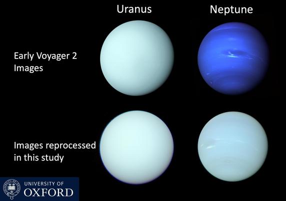 Four images show Uranus and Neptune as they were first seen in images released during the initial Voyager 2 flybys, and then again in images reprocessed to reveal their true colors. In the early images, Uranus is a light greenish-blue, and Neptune is a dramatic dark blue. In the reprocessed images, both planets look very similar in color, which just some additional variation of blue and white visible on Neptune.