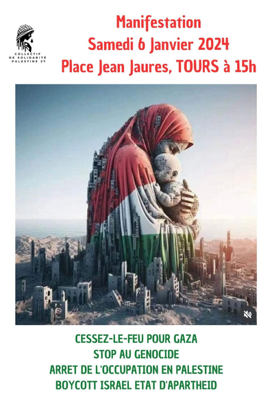 Visuel web du Collectif Solidarité Palestine : une femme enveloppée dans un drapeau palestinien tient un bébé sur fonds d'une ville en ruines. En haut à gauche le logo du collectif et à droite en lettres rouges Manifestation samedi 6 janvier, Place Jean Jaurès, Tours à 15h.