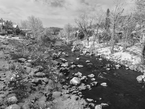 The Truckee River, about 10 meters wide, is seen flowing from the center to lower right corner of the frame. About ten centimeters of fresh snow cover bare deciduous trees on the banks and the boulders within the river bed and banks.