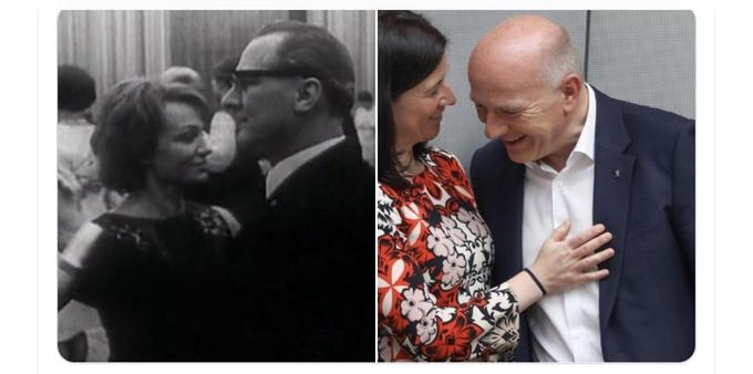 Links stehen Margot Honecker (Volksbildung, DDR) und Erich Honecker (Staatsratsvorsitzender) auf einem Schwarz-Weiß-Foto nebeneinander. Rechts stehen Katharina Günther-Wünsch (Schulsenatorin, Berlin) und Kai Wegener (Regierender Bürgermeister, Berlin) auf einem Farbfoto beisammen.