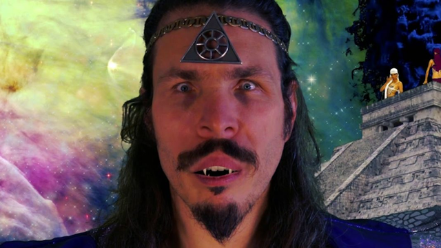 A picture of Otto von Schirach, a breakcore musician, with a triangle on his forehead. The background consists of psychedelic colors.