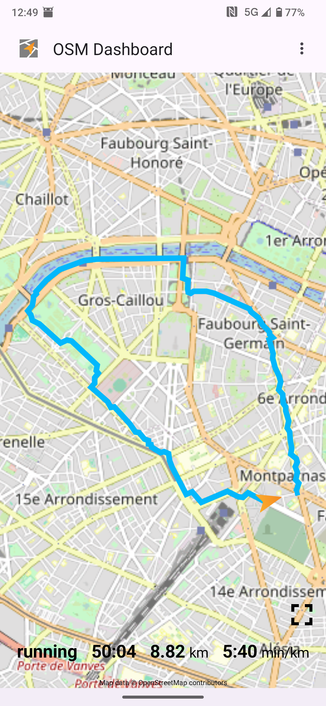 Screenshot of OSMDashboard showing a map of Paris with a recorded track.