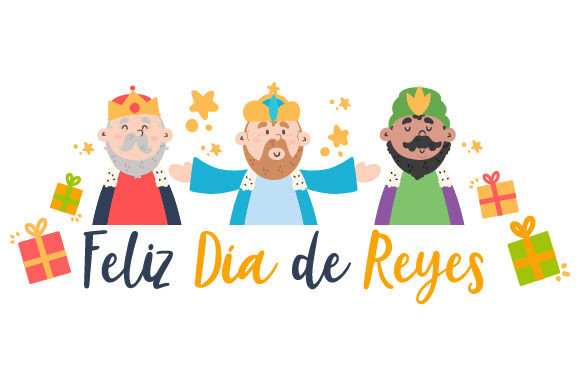 Cute cartoon of the Three Kings with the phrase Feliz Dia de Reyes (Happy Three Kings Day).