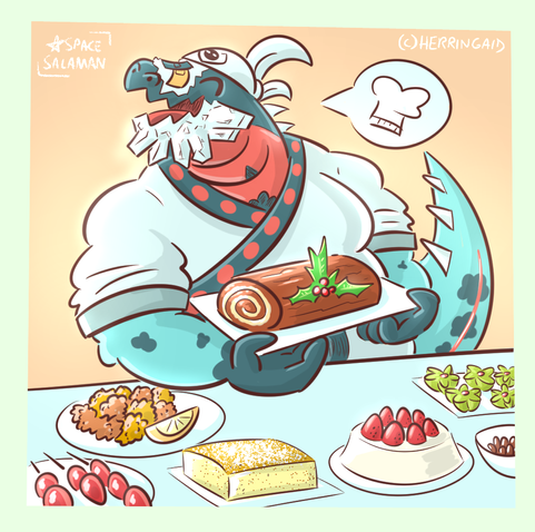 happy chef iguana presenting many meals on the table!