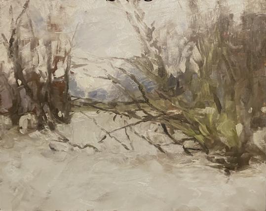 Rough Oilpainting depicting trees and branches sticking out of a large body of water. Possibly.