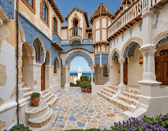 Plaza with a floor of irregular tiles, surrounded by stucco apartment buildings with arches and azulejo tiles. A seaside village and the ocean are visible at the far end.