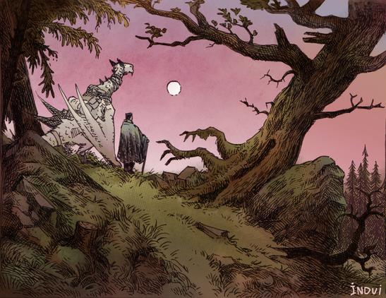 In this art piece: A dragon and a human are gazing out over a cliff in the forest at a beautiful pink sunset / night sky and a bright moon. They look deep in thought.