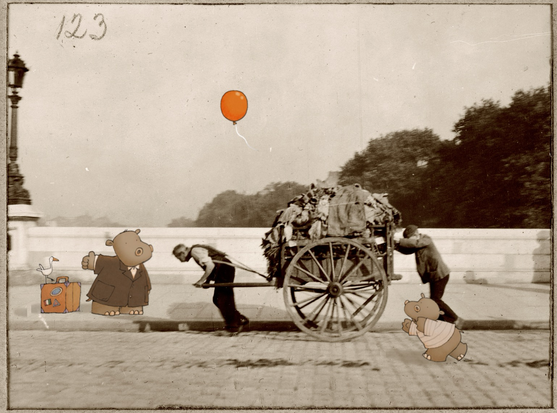 Hitchhiking hippo with a suitcase watching a wagon slowly pass by while a young hippo chases a balloon