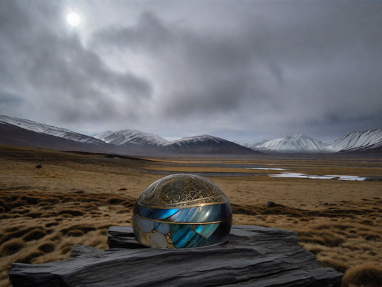A futuristic spherical instrument rests on a basalt outcropping in a stark and moody tundra landscape.