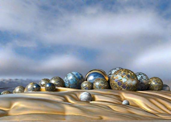 A collection of varied spheres of intricate design resting on golden dunes.