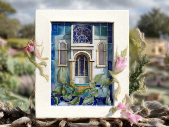 A white-framed assemblage of blue tiles and stained glass, with pink-flowered vines twining around it, in the focused foreground of a distance-blurred spring landscape.