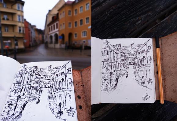 Sketch of a street in Görlitz with pen
