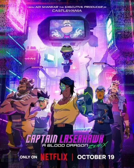 Poster for the show. Lazerhawk stands in the center with his panted scowl. his cyber arm's muzzle smoking from a recent shot. Paj and Jade stand to his left. Sigma is to his left, looking condescending as she has her hand ready to press a button on her wrist. Alex stands behind her holding a cigar and smiling this innocent smile. Bullfrog, a small anthro frog in assassin garb, floats above them. Eyes closed in contemplation. Arms crossed with wrist-daggers out. They all stand in a large megacity with blocky buildings. Rayman can be seen on a floating blimp's screen.
