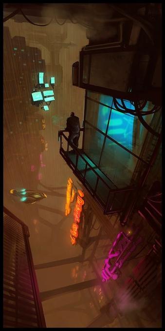 The setting is a futuristic city, high up above the ground (which isn't even visible), with a few flying cars around. It's raining rather hard. The city is filled with a sepia-color from various gases and smog. There's a man standing on the balcony of his cyberflat looking out over the city. He looks as if he's lost to deep thought while have a smoke (perhaps from a futuristic e-cigarette of some kind). He's also looking at a computer system of some sort in front of him. It's eye-level but floating.