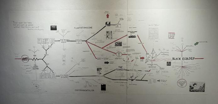 moses märz
Map 3: Black, Red and Green
2023

This map traces the lines of argument in Malcom Ferdinand's book Une écologie décoloniale, which was published in 2019 (Decolonial Ecology, 2021), and which questions the division between antiracist and environmental movements from a Caribbean perspective. Malcom Ferdinand works against this break by indicating that the division between an exploitable 'nature' and an exclusionary vision of the human is at the basis of a global economic system which he refers to as Plantationocene. According to Ferdinand, environmentalism has traditionally focussed on protecting nature or saving specific animals while ignoring issues of social justice emerging from the genocide of Indigenous people, slavery and colonialism. In red crayon the map shows the forces resisting the traditions of rampant capitalism and such a one-sided ecological movement as performing what he calls a cosmopolitics of relation. From Ferdinand's perspective, the restitution of stolen art works - a struggle that Map 4 depicts in greater detail - is one of the key areas where bridges across the modern human/nature divide can be built.
The kind of relational politics Ferdinand is calling for requires a radical shift from a modernist worldview considering the works of art in question as inanimate private property towards a respect for animist epistemologies that consider them to be endowed with a 'living force' that troubles the subject/object divide.