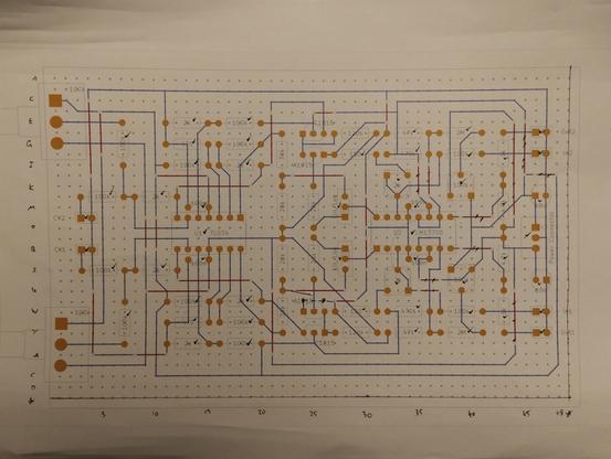 the printed layout for my soldered perfboard designed using KiCad. the placed components have green checkmarks and the placed jumper wires are crossed out