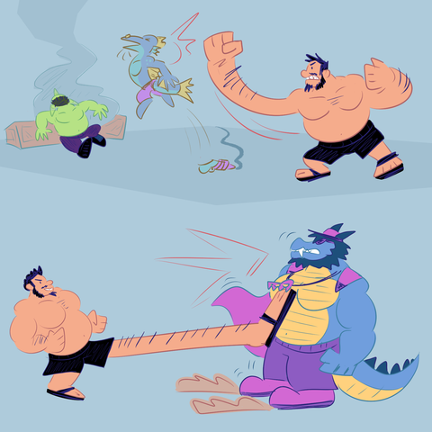 strong human muscular round man with mustache and goatee and sidechops Gerald rescues tiny green goblin friend who got zapped by evil fish villain! by stretching his arm into a big punch! 

then he spars with the powerful horned blue PowerCroc, Gerald throws an elongated kick, but the caped croc doesn't even flinch, merely sliding back, and flexing as he takes the hit!